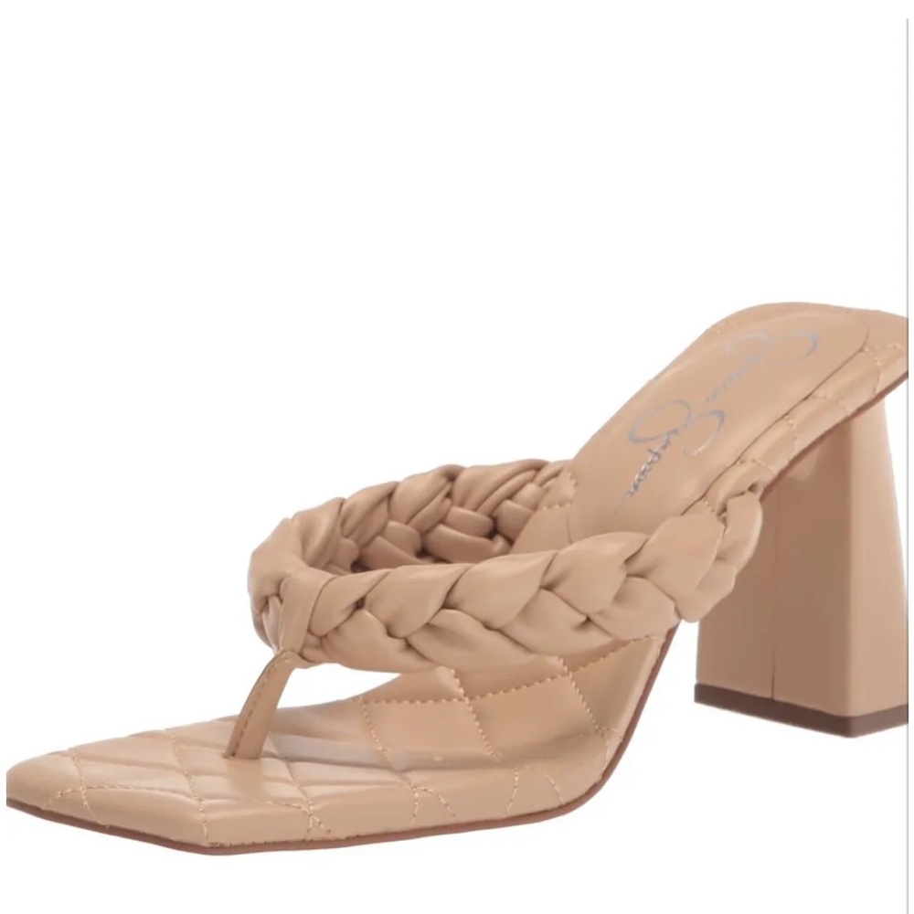 Jessica Simpson Zaliye Tan Faux Leather Block Heel Thong Slide Sandals Size 6